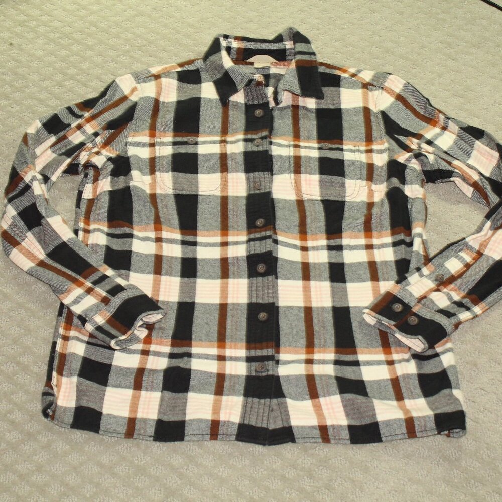 Duluth Women's Size S Black Pink Tan Casual Button Down Flannel Shirt